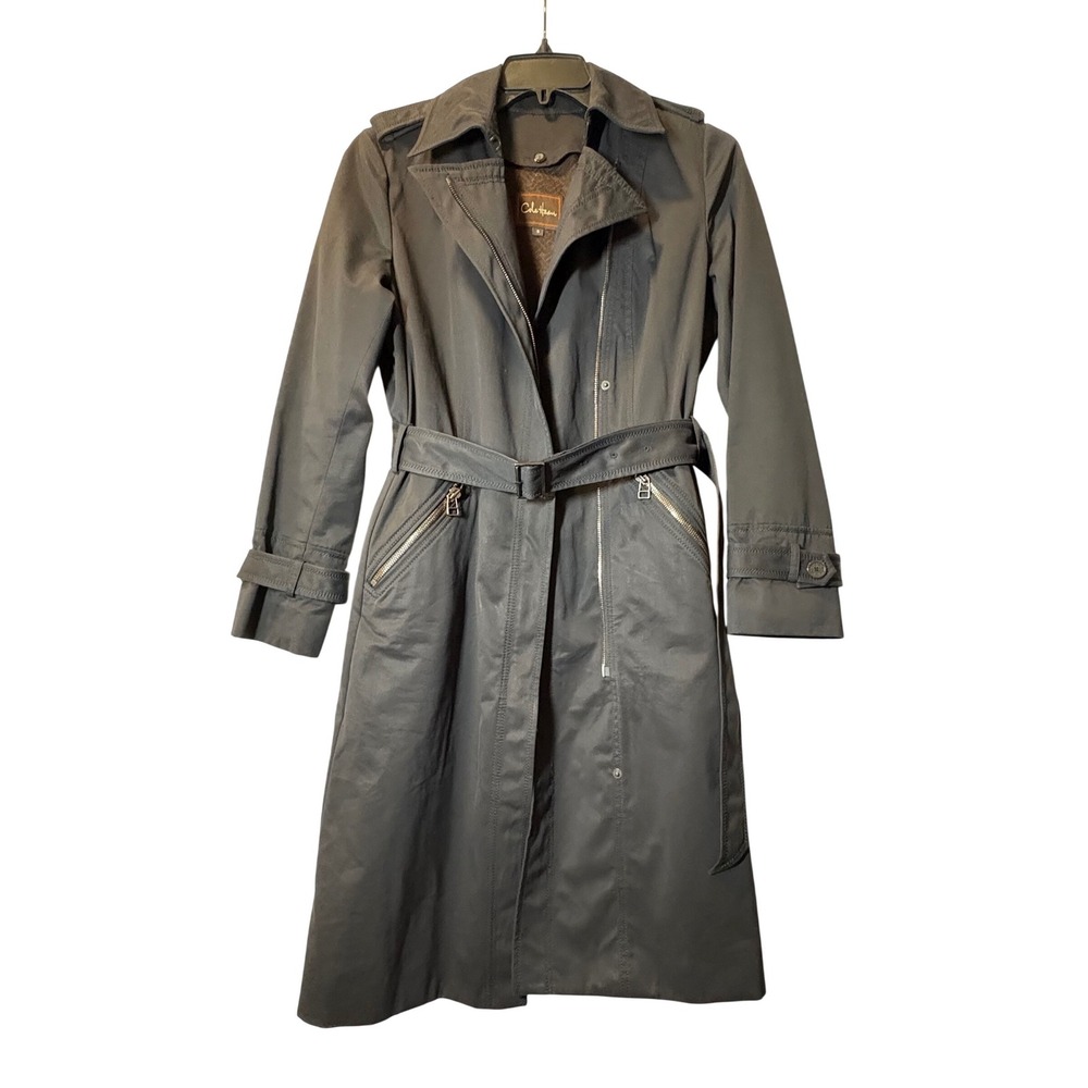 Cole Haan Womens Gray Belted Trench Coat Zip Front Long Jacket Size 8